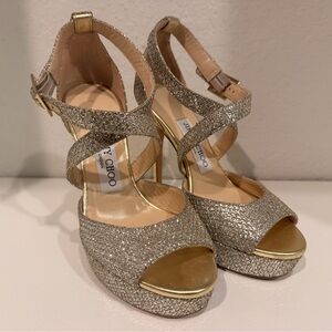 Jimmy Choo Gold Glitter Crisscross Platform Heels